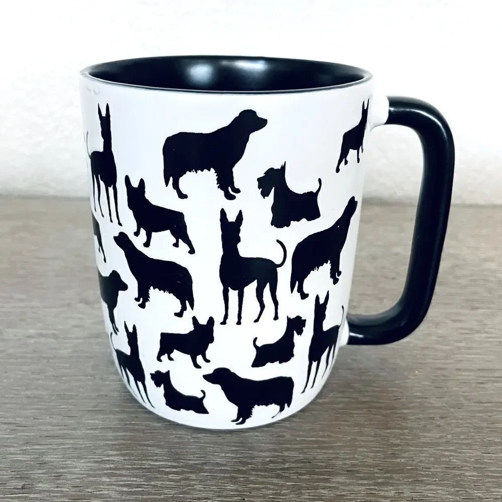 Ceramic Dog Silhouette Black White Textured Print Mug Cup